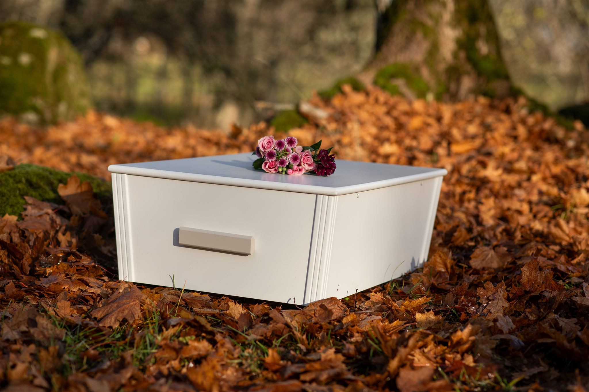 Minventa – vit kista för djur i höstlöv med blommor